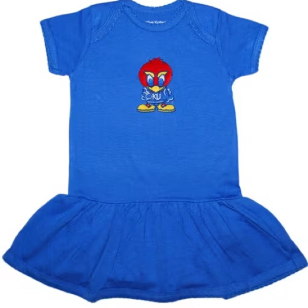 KANSAS UNIVERSITY JAYHAWKS BABY GIRLS BLUE PICOT BABY JAY SHORT SLEEVE DRESS 12M